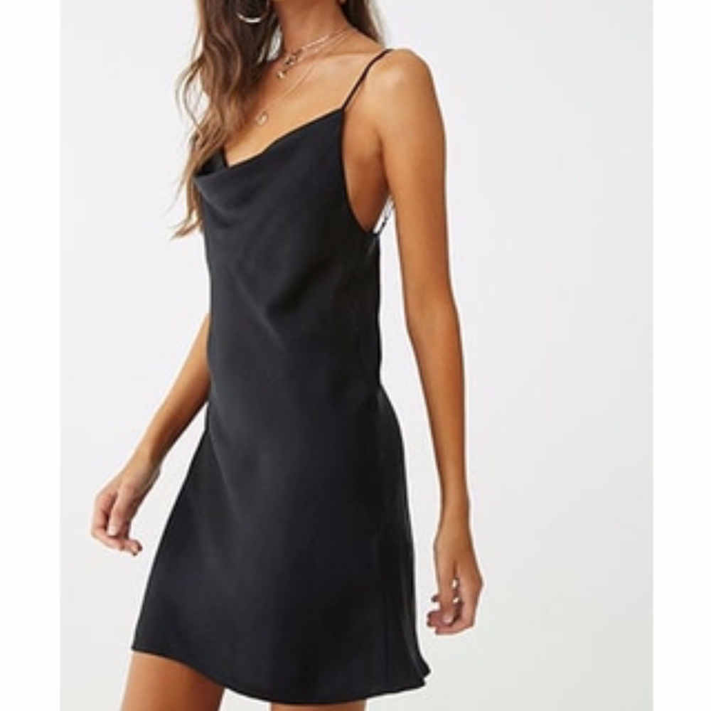 Black Satin Cami Slip Dress with Cowl Neck